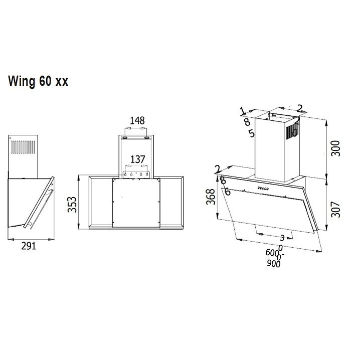Вытяжка кухонная EVELUX Черный 900 м3/ч WING 60 BG